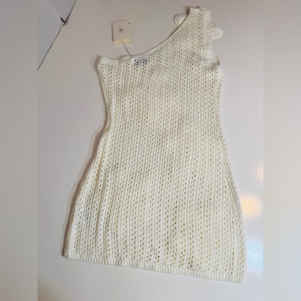 NEW WITH TAGS! One Shouldered, Cream Crochet Flower Knit Tank Dress - Picture 2 of 2